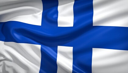 Obraz premium White flag with a bold blue Nordic cross extending to the edges, shown on a softly rippling fabric background.