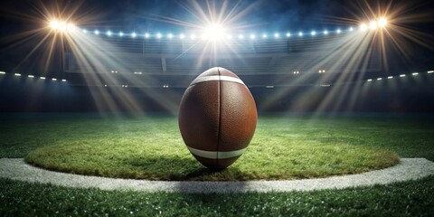 A lone American football rests in the center of a brightly lit stadium, awaiting the thrill of the game.