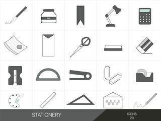 Collection of stationery and office supplies icons on a white background