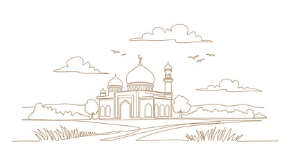 Mosque Landscape Outline, Clouds, and Birds Line Art Vector Illustration, Sepia Mosque