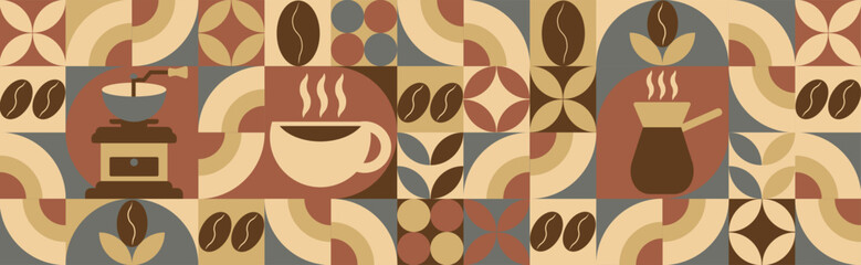 Geometric coffee pattern in minimalist style. Geometric line drawing. Abstract print background with simple shapes for coffee shop, food packaging, cafe wall, menu.