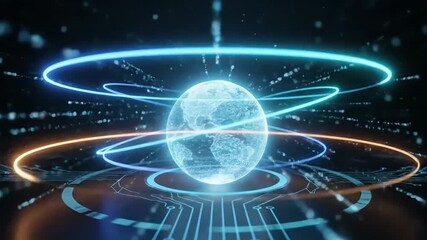 Digital Earth: Futuristic Globe with Glowing Circuitry and Orbiting Rings - Powered by Adobe