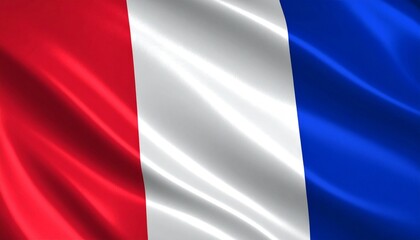 French flag with three vertical bands&mdash;blue on the hoist side, white in the center, and red on the fly side&mdash;fluttering on flagpole under bright sky.