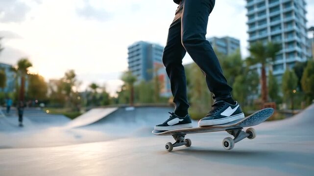 Skateboarder performing tricks in an urban park with ramps