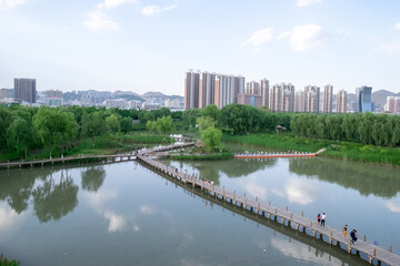 Modern Skyline and Urban Park Landscape in China