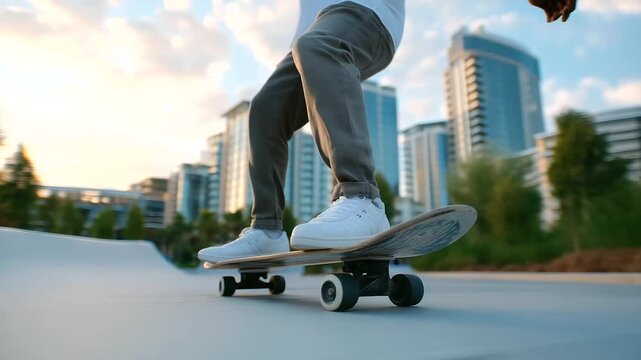 Skateboarder Performing Tricks in Urban Park with Concrete Ramps