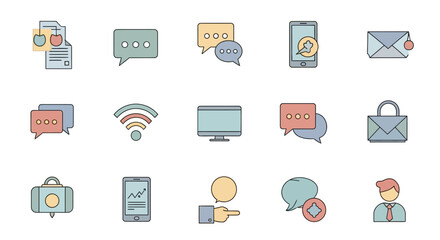 Collection of colorful communication icons depicting messaging, email, wifi, and mobile technology.