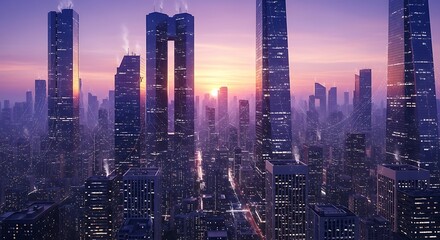 Fototapeta premium Cityscape Sunset: Futuristic Urban Dream in Purple Hues (AI Generated)