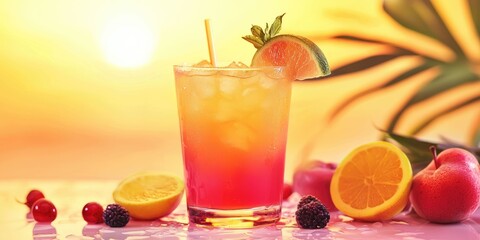 Fototapeta premium Tequila Sunrise PNG with glowing color transition and fruit accent