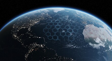 Global Digital Network Overlay on Earth at Night with City Lights