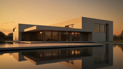 Fototapeta premium Modern concrete residence with expansive glass walls and tranquil water feature modern architecture concrete house