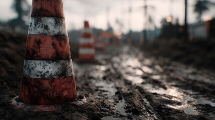 Obraz premium Construction site with safety cones and muddy ground