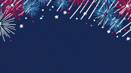 Happy 4th of July banner design showing dark blue background with colorful fireworks