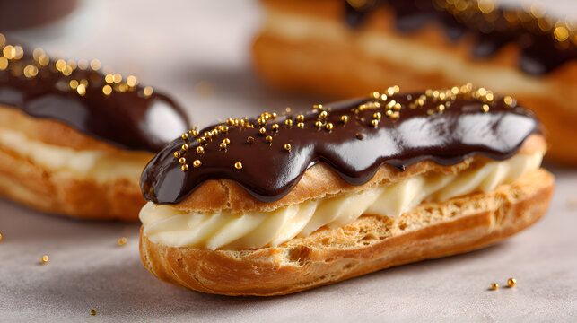 Delicious eclairs with chocolate ganache and golden sprinkles tempting dessert lovers - Powered by Adobe