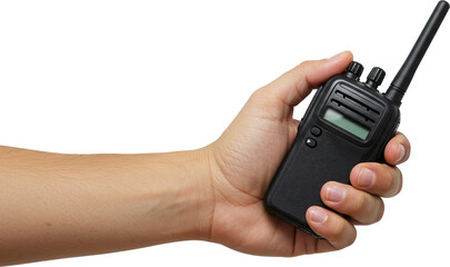 A hand holding a black walkie-talkie