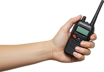 A hand holding a black walkie-talkie