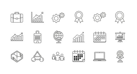 Collection of minimalist line icons depicting business growth, planning, teamwork, and achievement.