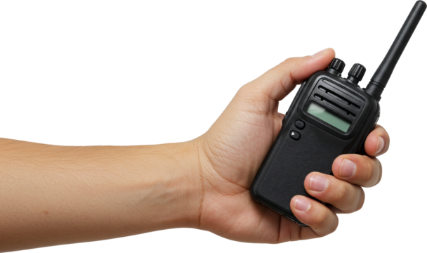A hand holding a black walkie-talkie