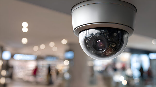 Security camera watching over shopping mall interior