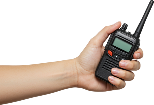 A hand holding a black walkie-talkie
