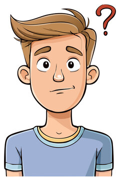 Portrait of a cartoon man with a confused look on his face and a question mark by his head, isolated