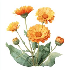Beautiful vibrant watercolor painting of calendula flowers. The blossoms display a rich orange hue and are surrounded by lush green leaves.