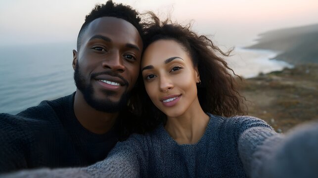 Couple taking a scenic selfie at a coastal viewpoint