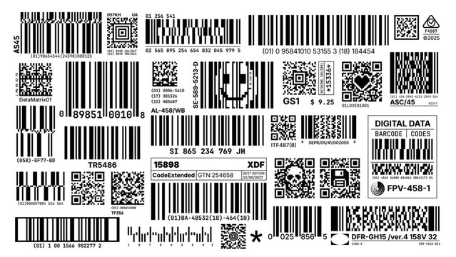 Futuristic set of barcode, QR code and Data Matrix labels in black and white, styled in sci-fi and Y2K aesthetics