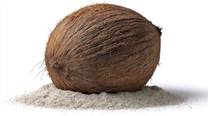 Dark Brown Coconut Resting on a Pile of Sand Against White Background