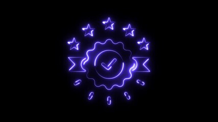 Neon glowing award badge with checkmark and stars signifying excellence quality certification achievement recognition