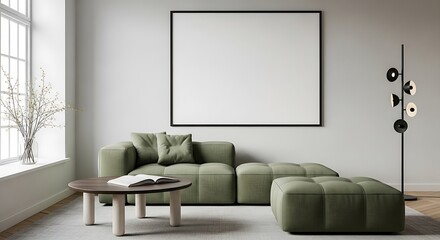 Modern living room with green sofa and empty frame