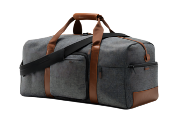 Stylish gray duffel bag with brown leather accents.