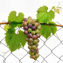 Obraz premium Bunch of grapes hanging on a fence with green leaves, representing freshness and nature