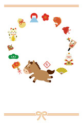 2026年 午年 年賀状テンプレート｜かわいい馬と縁起物の明るい干支イラスト