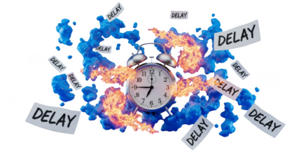 Burning clock surrounded by chaos of delay