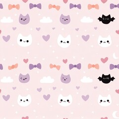Fototapeta premium Cute Cat and Bat Pattern with Bows on Soft Pink Background