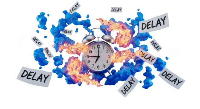 Burning clock surrounded by chaos of delay