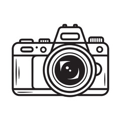 Hand drawn illustration of a modern dslr camera with a large lens