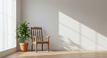 Fototapeta premium Minimalist Interior with Wooden Armchair, Plant, and Sunlight through Window