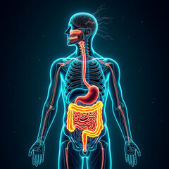 3D human anatomy showing detailed digestive system and internal organs.


