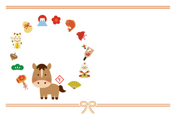 2026年 午年 年賀状テンプレート｜かわいい馬と縁起物の明るい干支イラスト