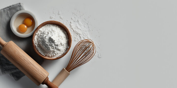 Baking ingredients on a kitchen counter, creating a scene of culinary preparation. The image showcases the essential elements required for baking