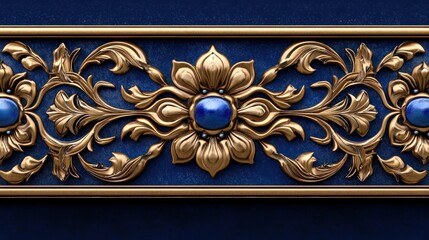Gold ornate border with sapphire jewels on deep blue background