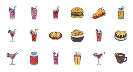 Colorful cartoon icons of various food and drinks, including burgers, fries, cakes, and assorted beverages.