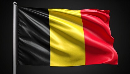 Fototapeta premium Belgian flag with vertical stripes of black, yellow, and red, fluttering on silky fabric with lustrous folds, set against neutral backdrop.