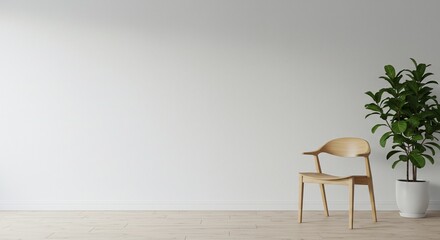 Minimalist White Room with Wooden Armchair and Fiddle Leaf Fig Plant