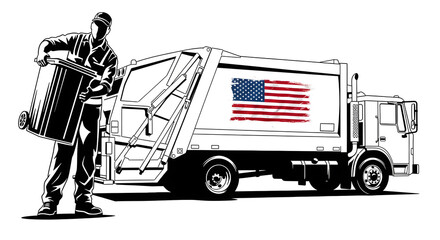 Sanitation Worker with Garbage Truck and American Flag
