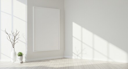 Minimalist White Room Corner with Blank Vertical Frame and Natural Sunlight