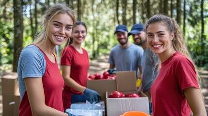Group of volunteers sorting food in nature
