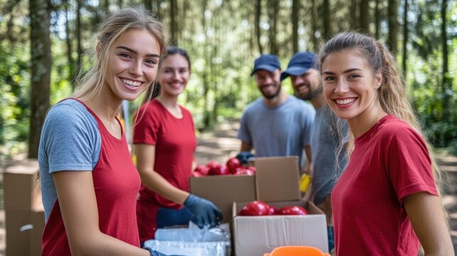 Group of volunteers sorting food in nature